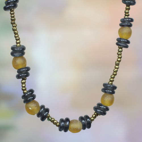 Blue and Yellow Recycled Glass Beaded Necklace 'Source of Delight'