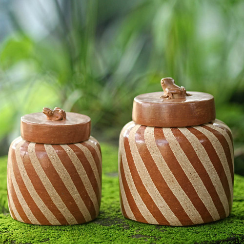Handcrafted Ecthed Ceramic Lidded Jars Pair 'Lucky Frogs'
