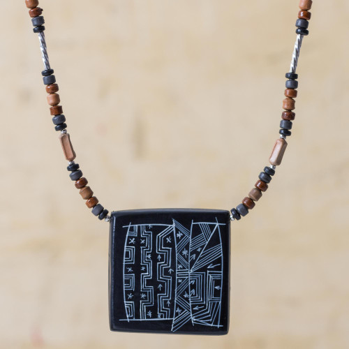 Peruvian Ceramic Pendant Necklace with Silver Beads 'Night Sky'