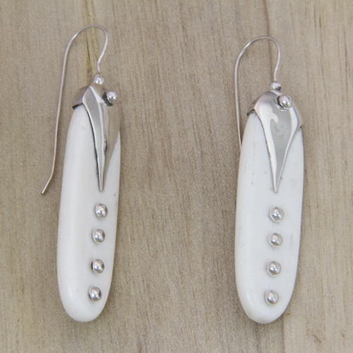 Handcrafted Carved Bone and Sterling Silver Drop Earrings 'Peapods'