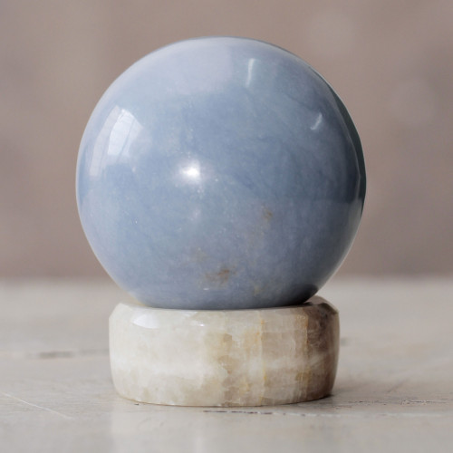 Hand Crafted Andean Celestite Egg Sculpture with Stand 'Heavenly Blue'