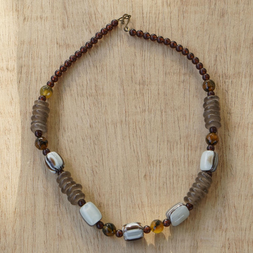 African Necklace Crafted by Hand with Recycled Beads 'Xose in Beige'