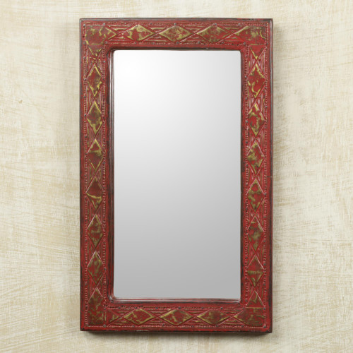 Ghana Artisan Crafted Rustic Wall Mirror in Red 'Antique Scarlet'