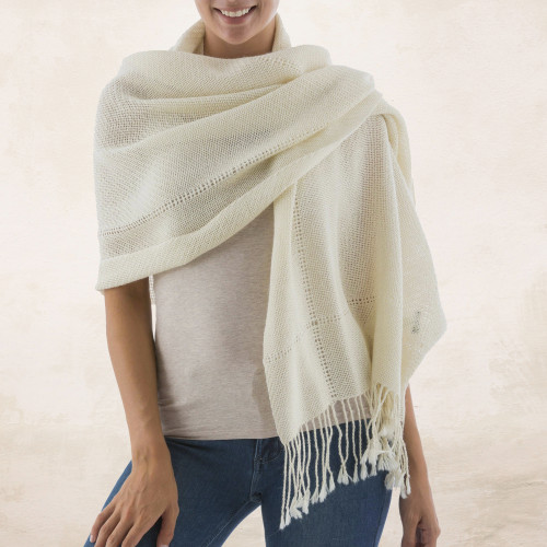 Andean 100 Baby Alpaca Backstrap Loom Handwoven Shawl 'Timeless in Alabaster'