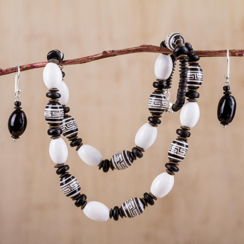 Black and White Handcrafted Ceramic Inca Jewelry Set 'Inca Message'