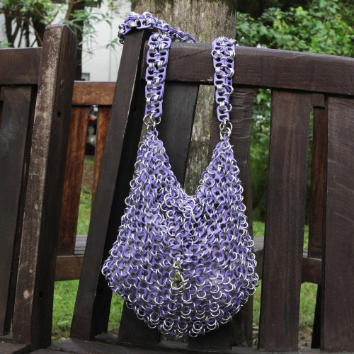 Shimmery Purple Handcrafted Shoulder Bag with Soda Pop Tops 'Mini-Shimmery Purple'