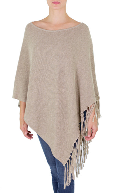 Cotton Poncho with Fringe Beige Colored from Guatemala 'Spontaneous Style in Khaki' Cotton Poncho with Fringe Beige Colored from Guatemala 'Spontaneous Style in Khaki'