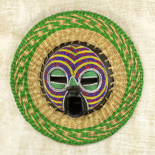 Hand Made African Mask with Wood, Bead and Raffia Accents 'True Child'