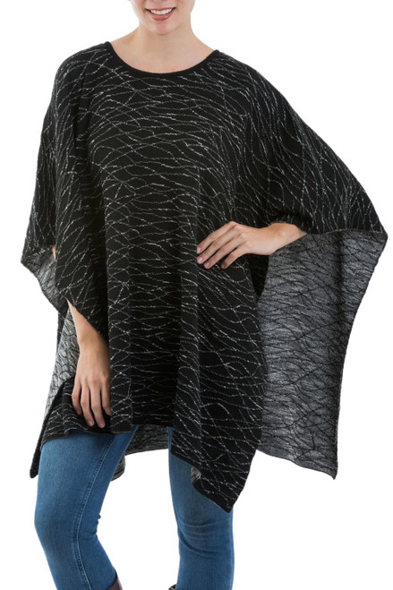 Alpaca and Wool Blend Poncho in Eggshell and Black from Peru 'Watery Night'