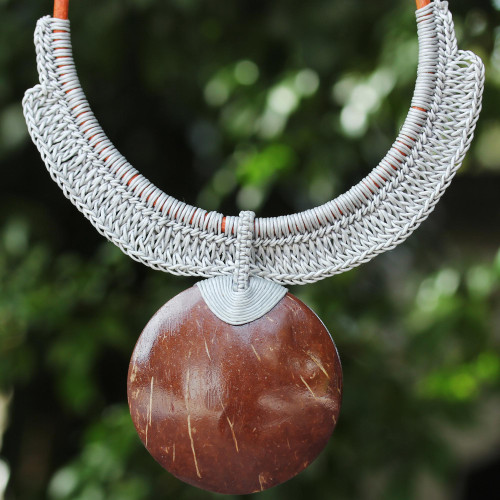 Thai Ivory Leather and Coconut Shell Statement Necklace 'Rustic Moon in Grey'