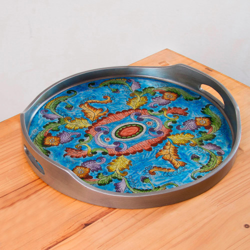 Reverse Painted Glass Floral Tray in Blue from Peru 'New Blue Bloom'