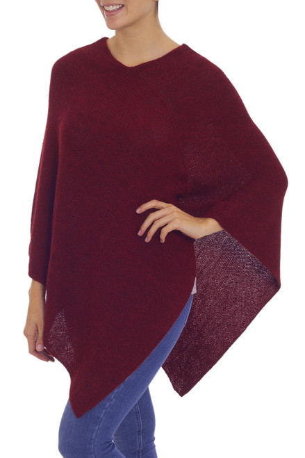 Knit Wine Colored 100 Alpaca Poncho from Peru 'Enchanted Evening in Wine'