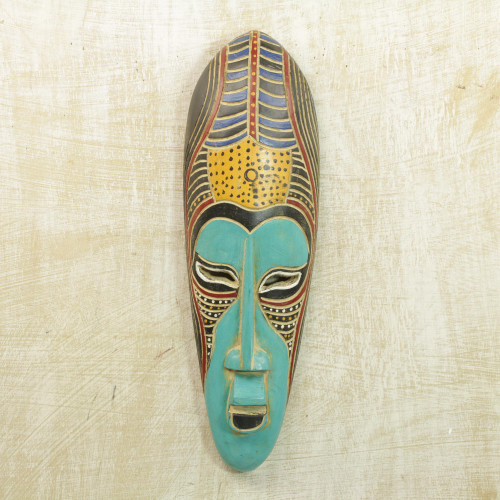 Hand Carved Rubberwood Blue Akoni Warrior Mask from Ghana 'Blue Akoni'