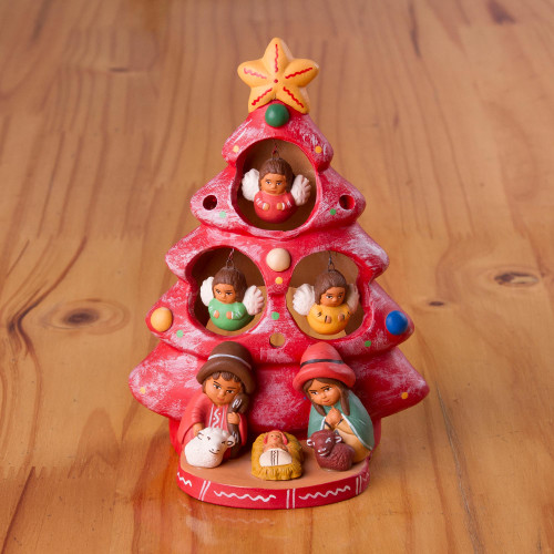 Ceramic Christmas Nativity Scene in Red from Peru 'Birth Beneath the Red Tree'