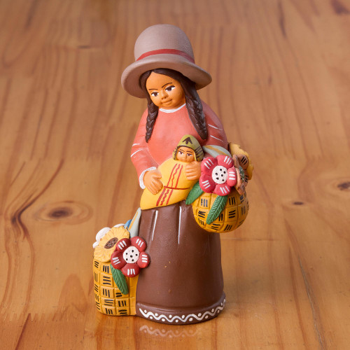 Hand-Painted Ceramic Sculpture of an Andean Woman from Peru 'Andean Florist'