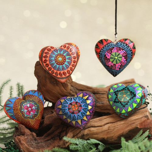 Five Painted Heart-Shaped Alebrije Mini Ornaments 'Alebrije Hearts'