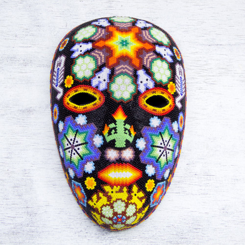 Handcrafted Huichol Papier Mache Mask with Beadwork 'Scorpions and Deer'