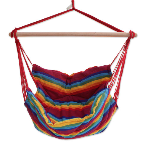 Single Multicolored Striped Cotton Hammock Swing from Brazil 'Jungle Rainbow'