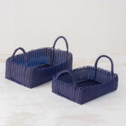 Pair of Handwoven Navy Baskets from Guatemala 'Home Warmth in Navy'