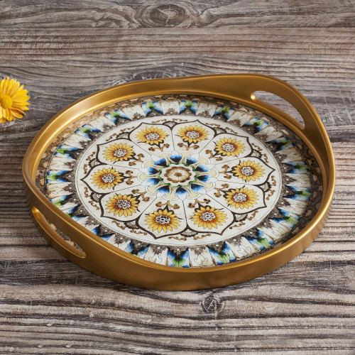 Andean Sunflower Theme Reverse-Painted Glass Tray 'Blue Andean Mandala'