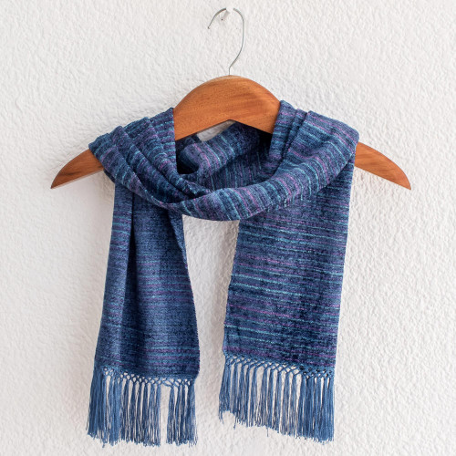 Pacific Blue Purple Stripes Handwoven Rayon Scarf 'Pacific Love'