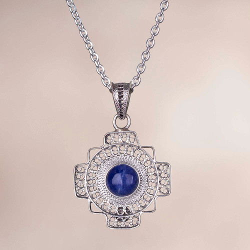 Sodalite Chakana Cross Filigree Pendant Necklace from Peru 'Blue Mountain Chakana'