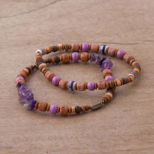 Two Amethyst and Ceramic Beaded Stretch Bracelets from Peru 'Andean Joy'