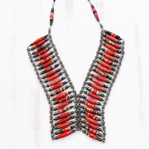 Recycled Paper and Hematite Statement Necklace from Brazil 'Tribal Links'