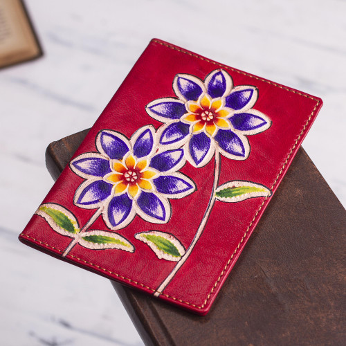 Red Leather Passport Cover with Hand Painted Flowers 'Lovely Traveler in Red'