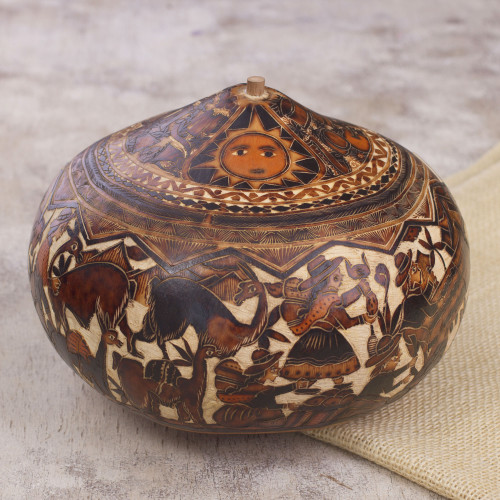 Hand-Carved Gourd Decorative Box with Andean Pastoral Scene 'Mantaro Valley'