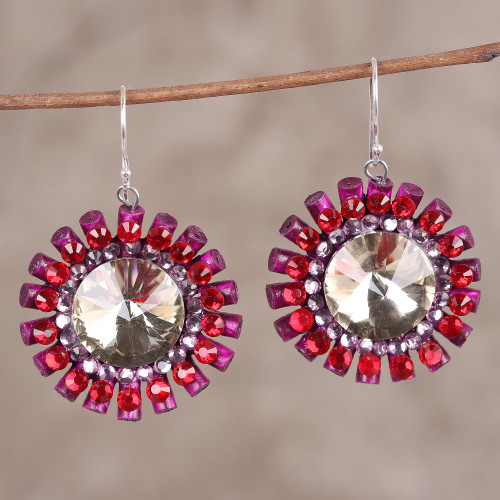 Handmade Recycled Paper Glass Bead Dangle Earrings 'Exquisite Daisy'