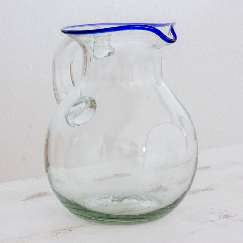 Clear Blue Rimmed Hand Blown Recycled Glass Pitcher 'Clear Seas'