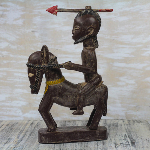 Brown and Cream Horseback Warrior Wood Sculpture from Ghana 'Horseback Warrior'