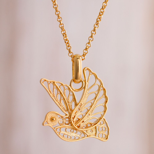 Gold Plated Sterling Silver Filigree Dove Necklace from Peru 'Peace and Grace'