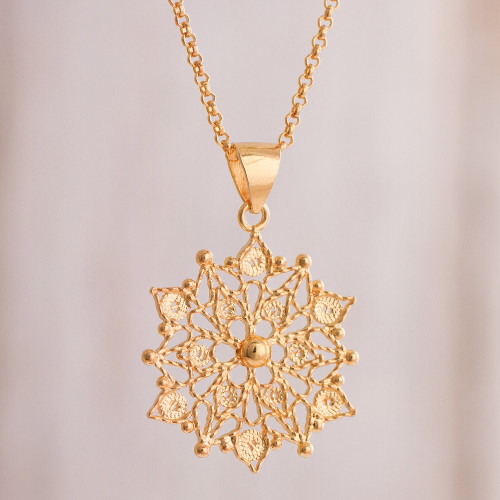 24k Gold Plated Sterling Silver Filigree Mandala Necklace 'Gleaming Mandala'