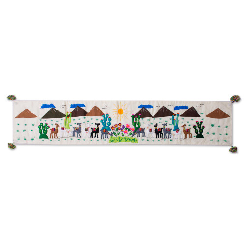 Animal-Themed Cotton Arpillera Table Runner from Peru 'Vicua Landscape'