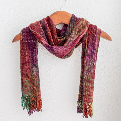 Multicolored Rayon Chenille Scarf from Guatemala 'Wine Festival'