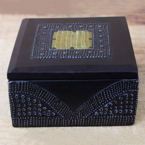 Sese Wood Aluminum and Brass Decorative Box from Ghana 'Royal Keeper'