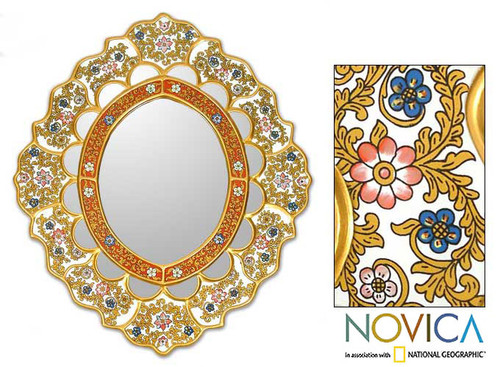 Fair Trade Reverse Painted Glass Oval Floral Wall Mirror 'Dance of the Flowers'