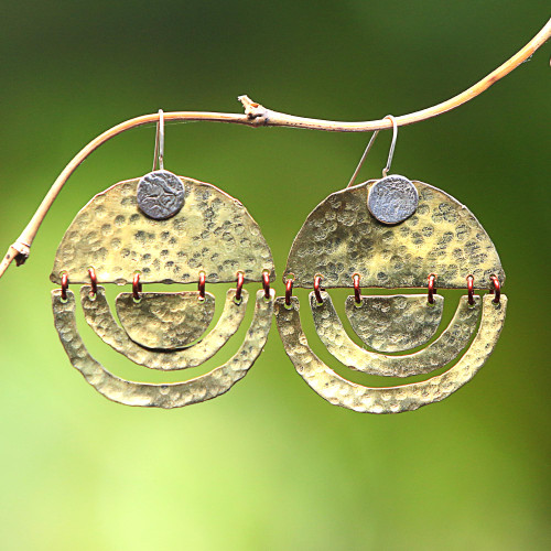 Modern Sterling Silver and Brass Dangle Earrings from Bali 'Kuta Glimmer'