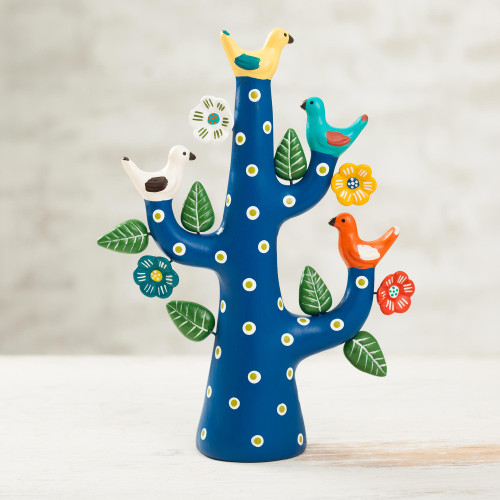 Hand-Painted Ceramic Dove Tree Sculpture in Blue from Peru 'Blue Tree of Doves'