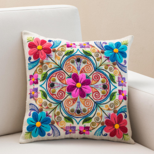 Floral Embroidered Wool and Alpaca Blend Cushion Cover 'Floral Andean Kaleidoscope'