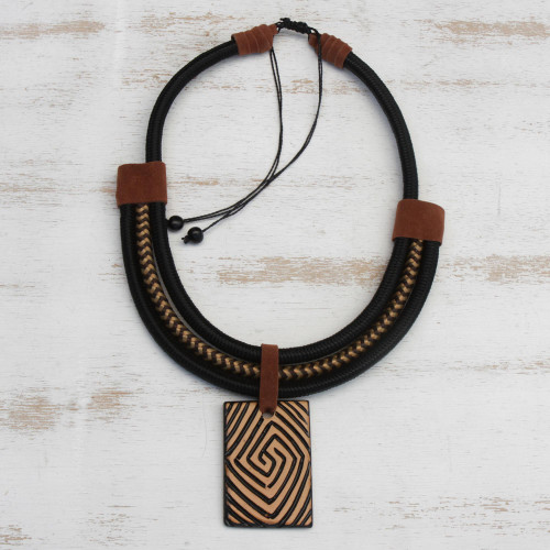 Spiral Pattern Suede Accent Ceramic Pendant Necklace 'Tribal Spiral'