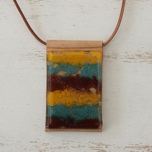Layered Glass and Leather Pendant Necklace from Brazil 'Earth Waters'