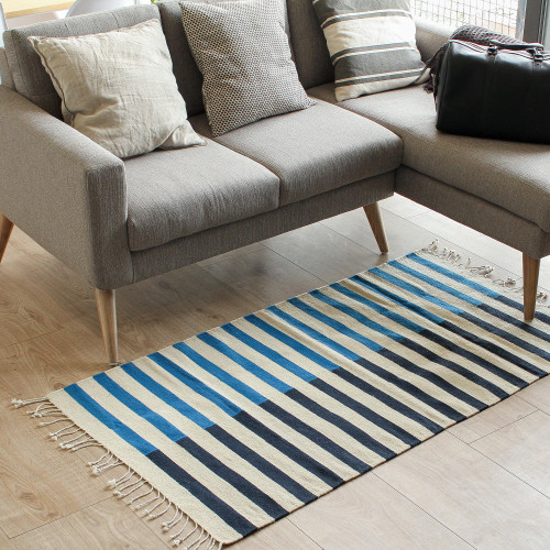 Striped Zapotec Wool Area Rug from Mexico 2.5x5 'Blue Bars'