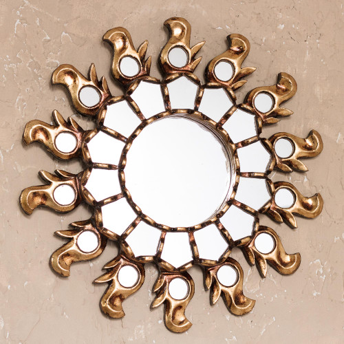 Sun-Themed Bronze Gilded Cedar Wood Wall Mirror from Peru 'Infinite Reflection'