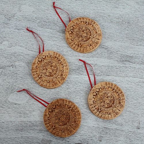 Ceramic Aztec Calendar Ornaments from Mexico Set of 4 'Aztec Cosmos'