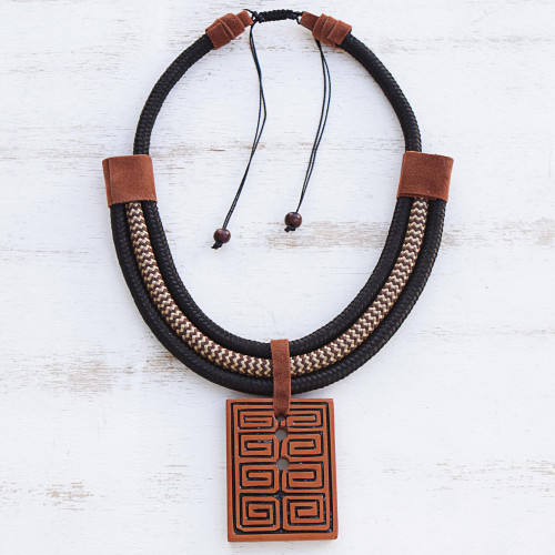 Rectangular Ceramic Pendant Necklace from Brazil 'Rectangular Labyrinth'