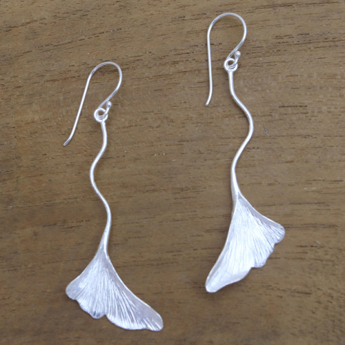 Ginko Leaf Sterling Silver Dangle Earrings from Bali 'Ginko Leaves'