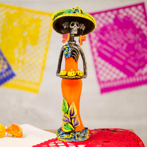 Ceramic Catrina Skeleton Statuette in Orange from Mexico 'Catrina with Pumpkins'